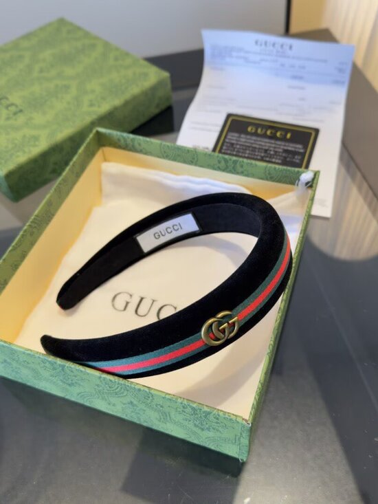 Gucci Black Velvet Headband with Green and Red Stripe and Gold GG